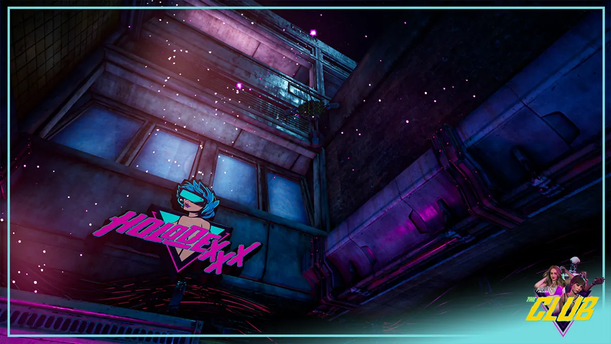 The Holodexxx sign above a night-time alley, the first view on launch