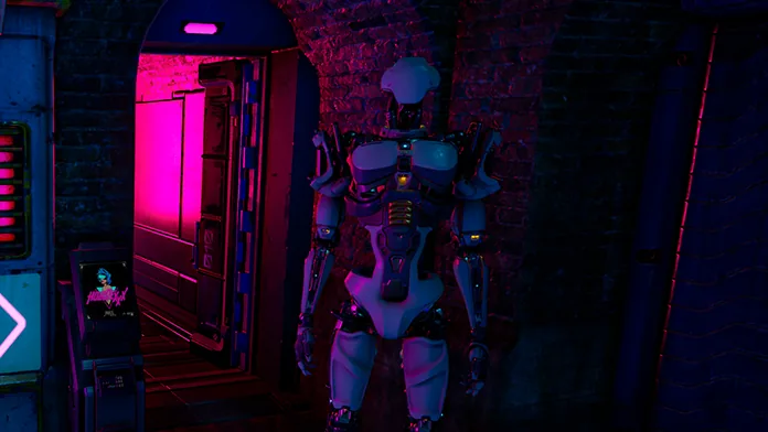 A robot doorman beside the pink-lit entrance of the club