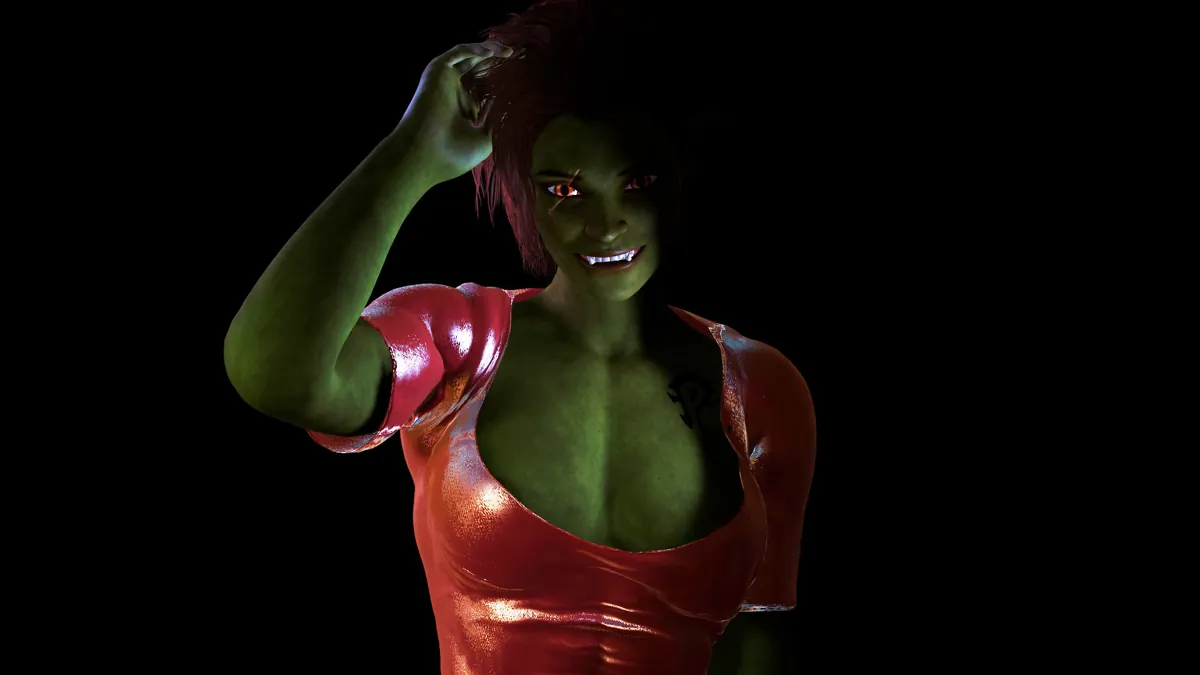 A green-skinned custom character in a red latex dress, made with the character editor