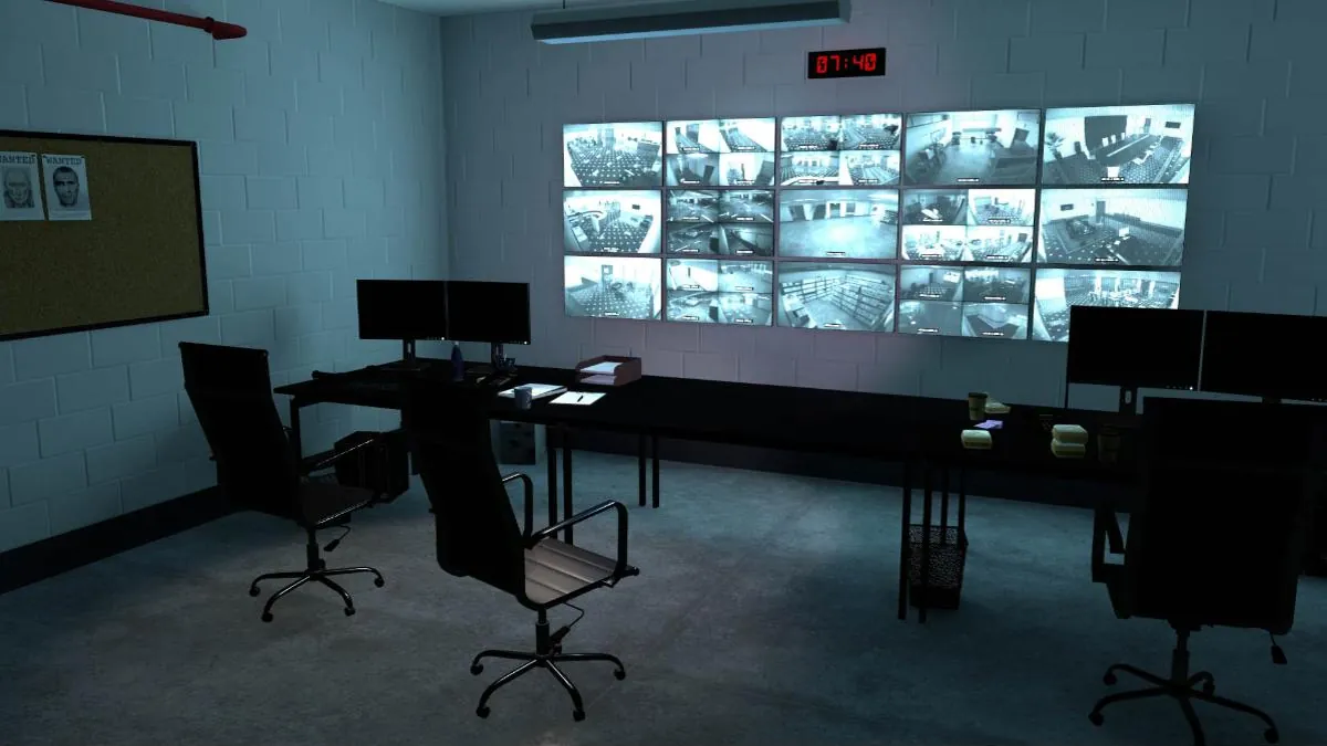 A security control room with a wall of monitors, one of the bundled environments
