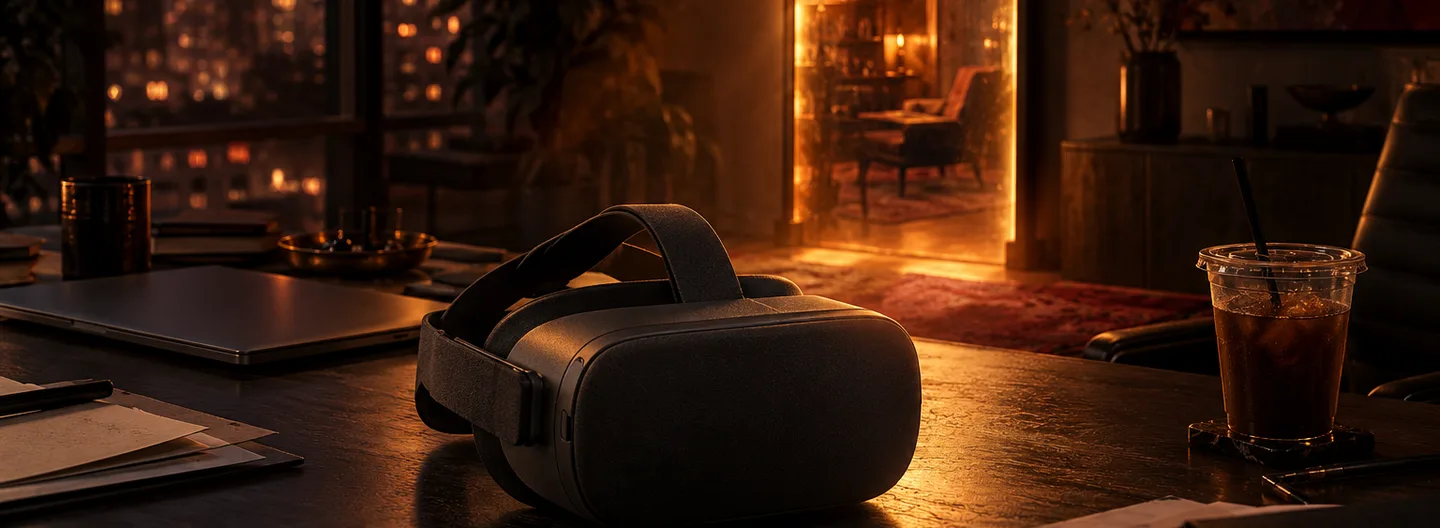 Illustration: a VR headset on an office desk at night, with a glowing mirror opening onto another room