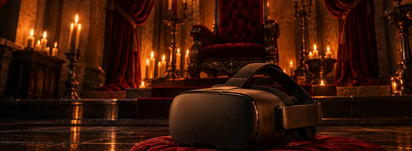 Illustration: a VR headset on a velvet cushion before an empty throne in a candlelit hall